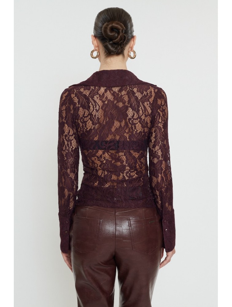 MIX AND MATCH Ellora Lace Shirt Burgundy Βουργουνδί Δαντελένιο Πουκάμισο